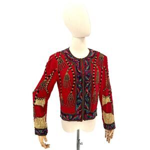 Vintage 90s Lawrence Kazar Red 100% Silk Beaded Tassel Glam Statement Jacket
